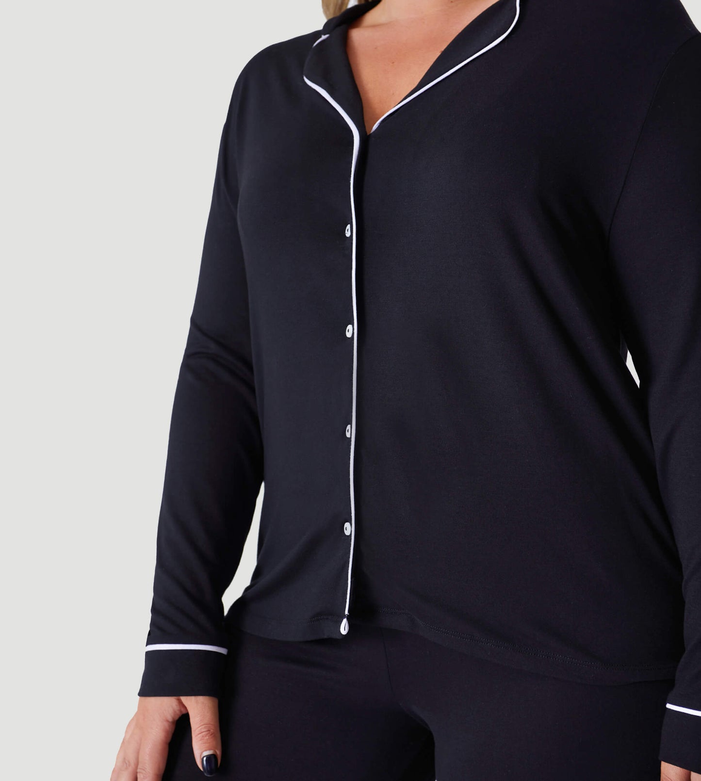 Black Oversized Jersey Piping Detail Long PJ Set