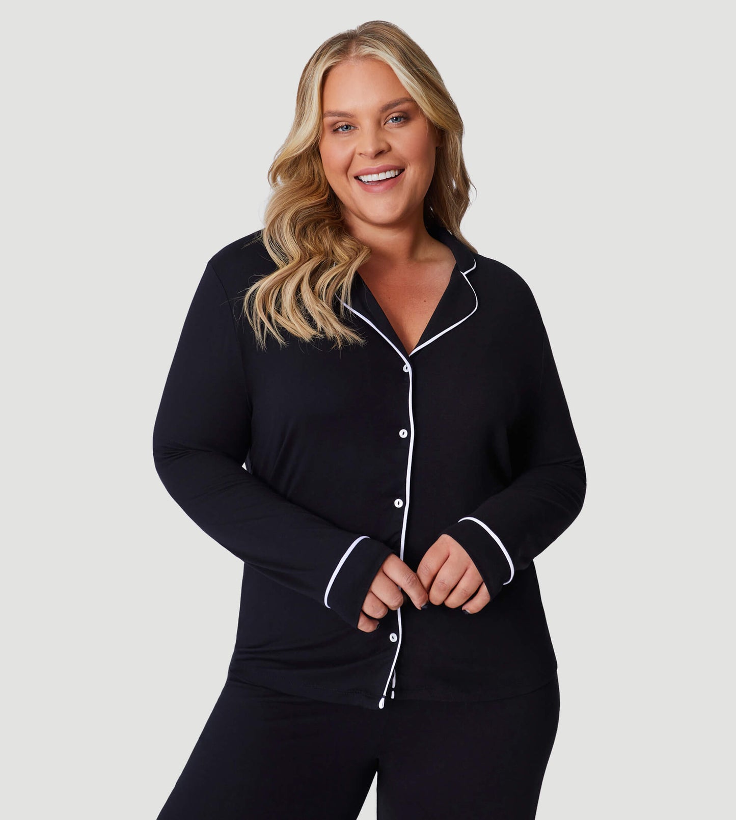 Black Oversized Jersey Piping Detail Long PJ Set