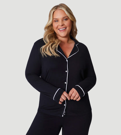 Black Oversized Jersey Piping Detail Long PJ Set
