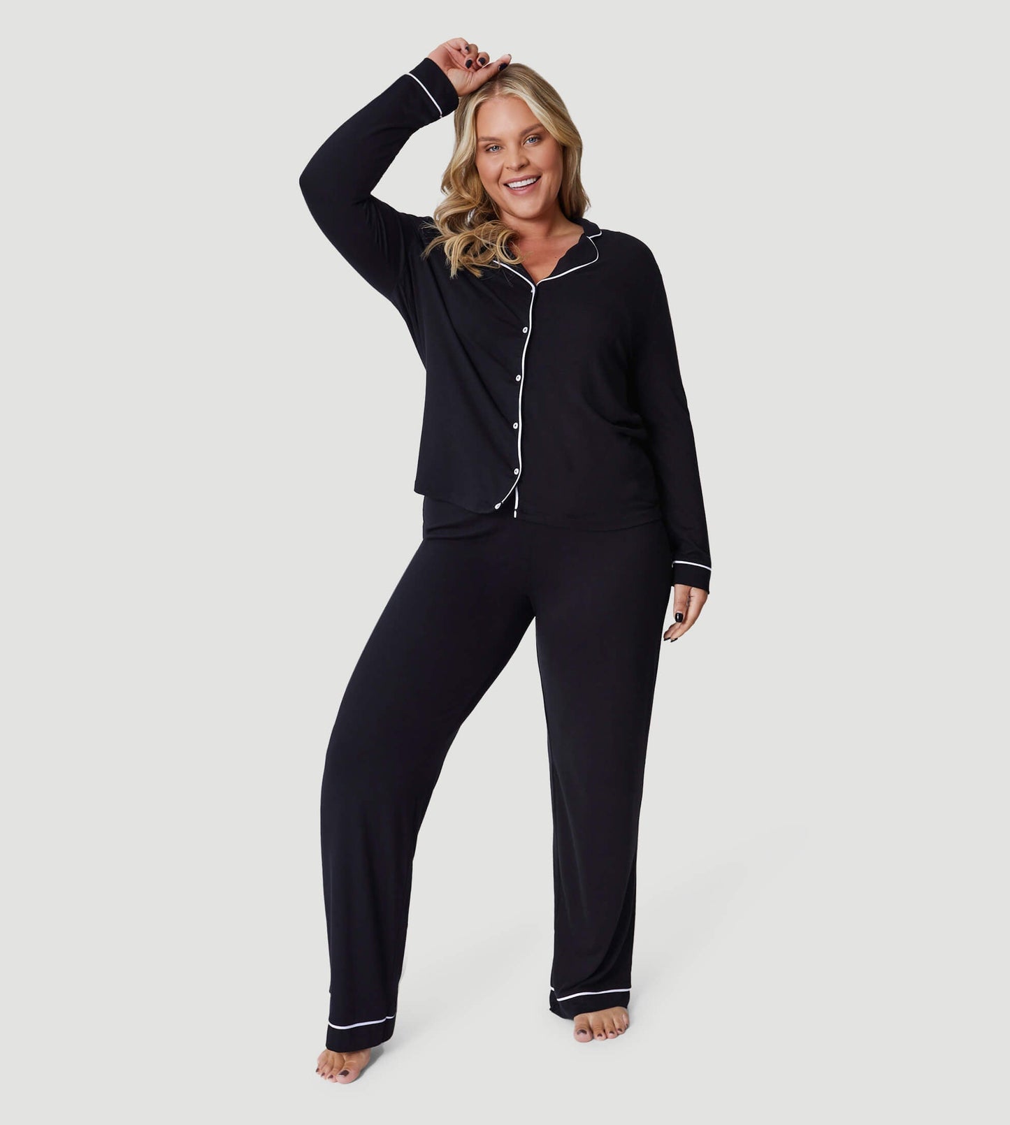 Black Oversized Jersey Piping Detail Long PJ Set